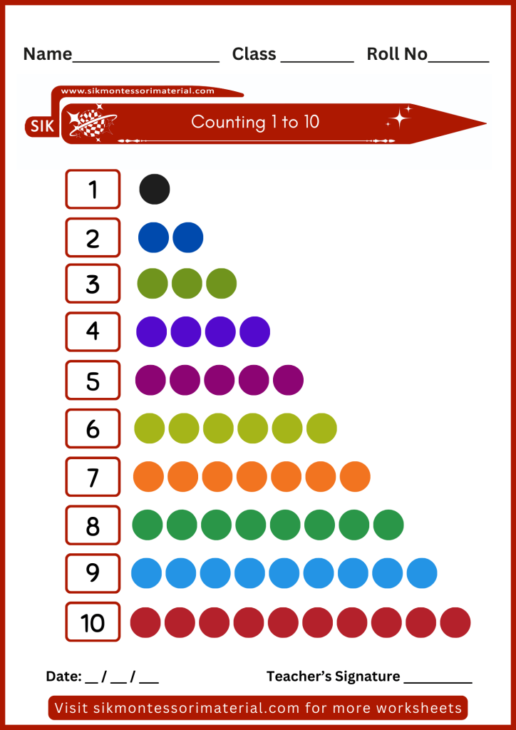 1 to 10 counting practice worksheet for junior Montessori