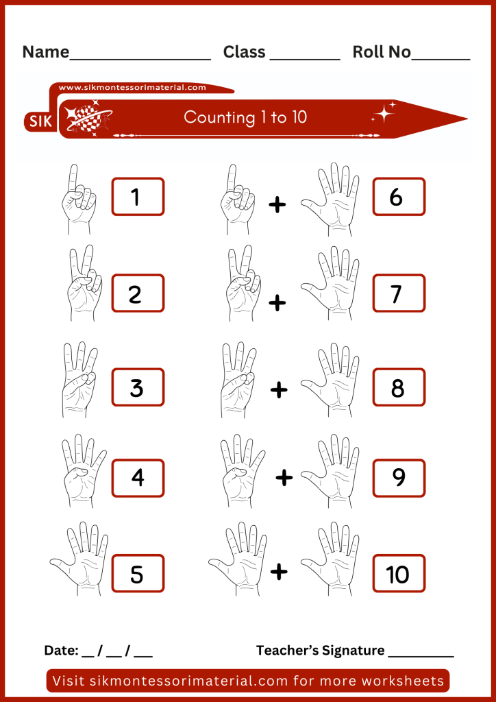 1 to 10 counting worksheet for junior Montessori