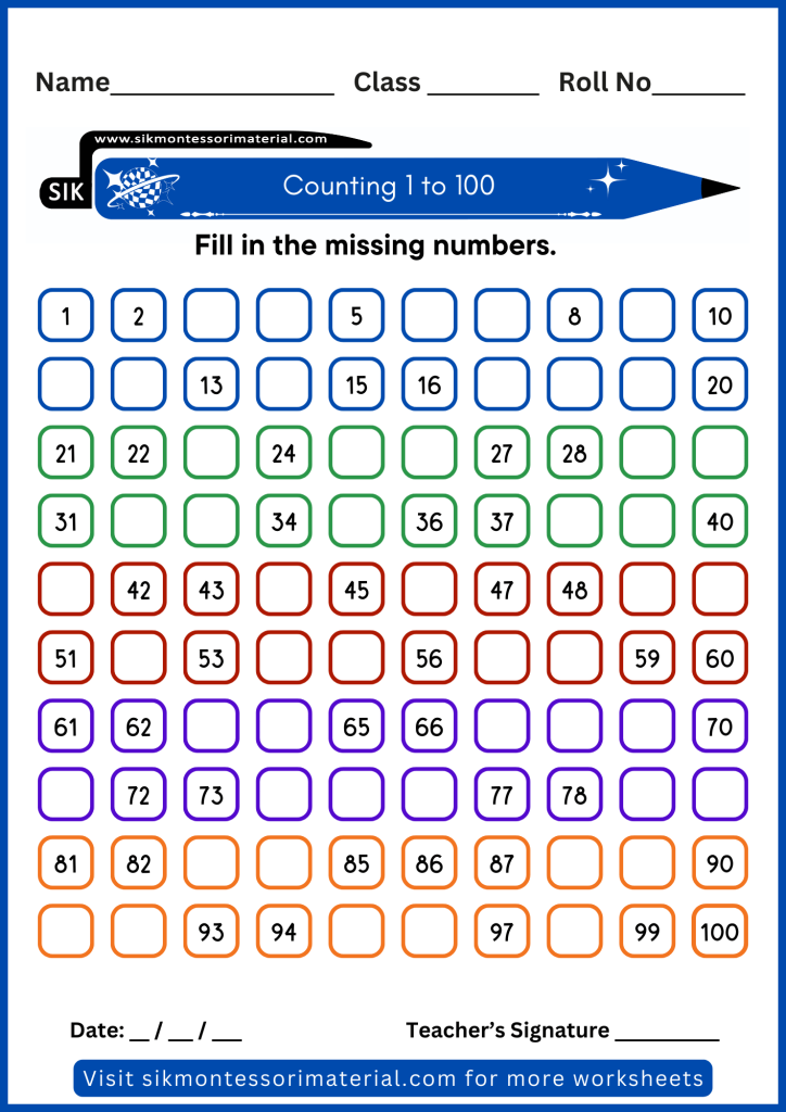 1 to 100 counting practice worksheet for junior Montessori