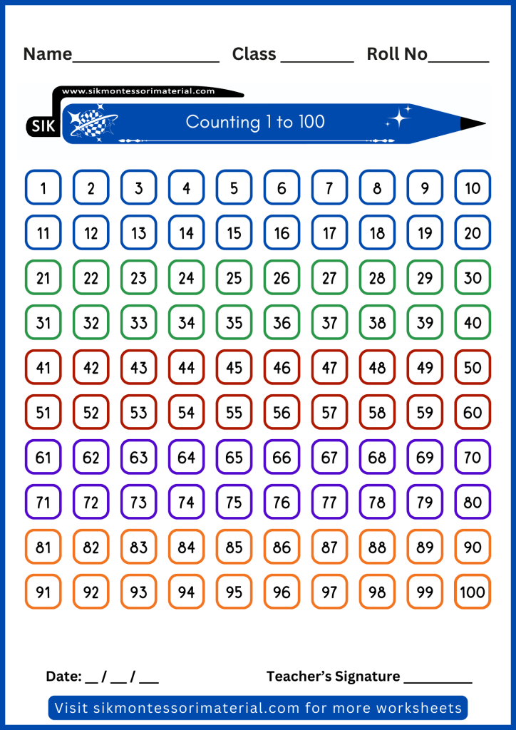 1 to 100 counting worksheet for junior Montessori