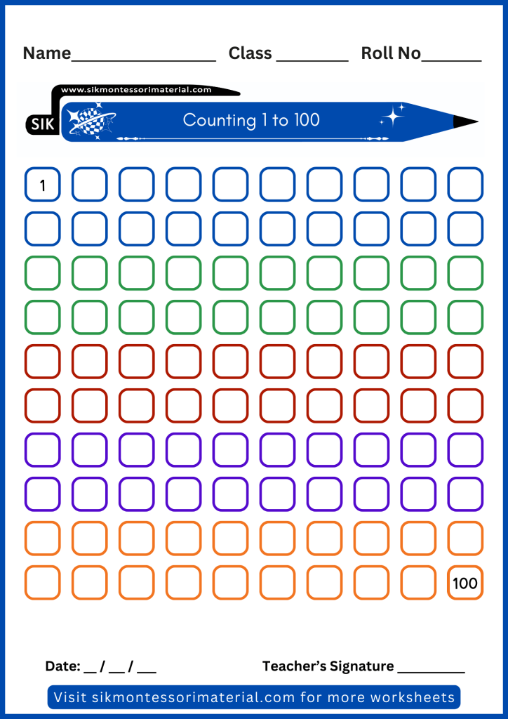 1 to 100 counting writing blank worksheet for junior Montessori