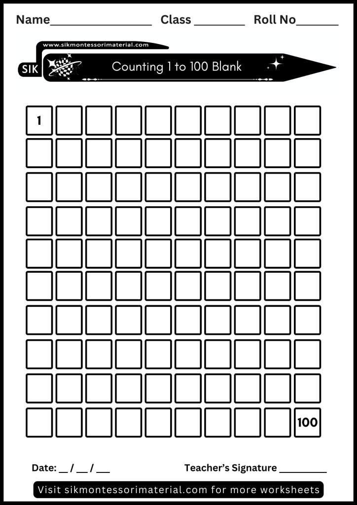 1 to 100 printable blank counting worksheet for junior Montessori