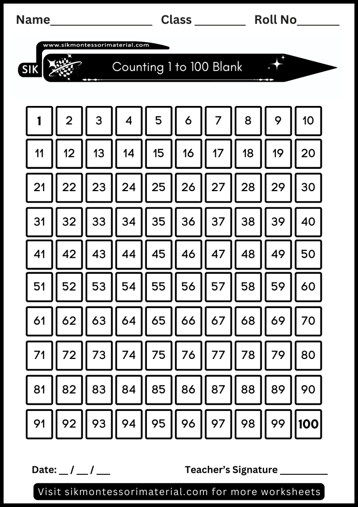 1 to 100 printable counting worksheet for junior Montessori