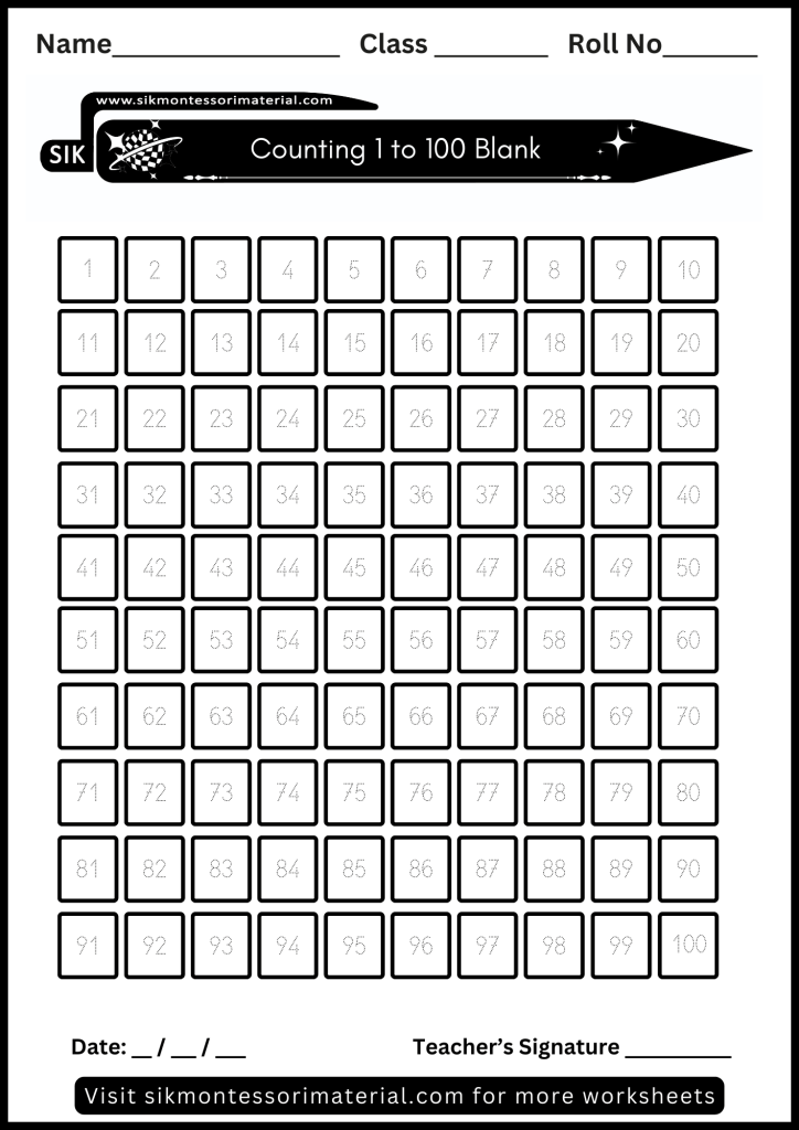 1 to 100 printable number tracing worksheet for junior Montessori