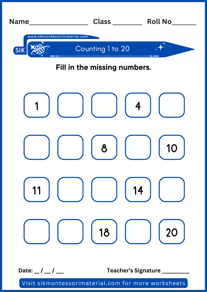 1 to 20 counting practice worksheet for junior Montessori