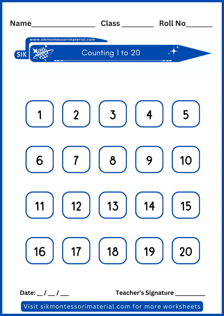 1 to 20 counting worksheet for junior Montessori