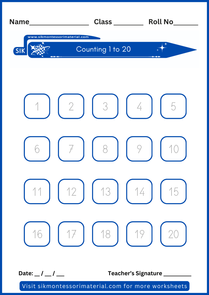 1 to 20 number tracing worksheet for junior Montessori