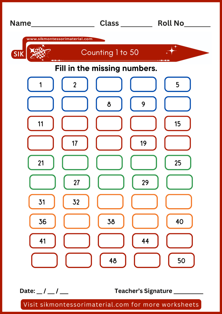 1 to 50 counting practice worksheet for junior Montessori