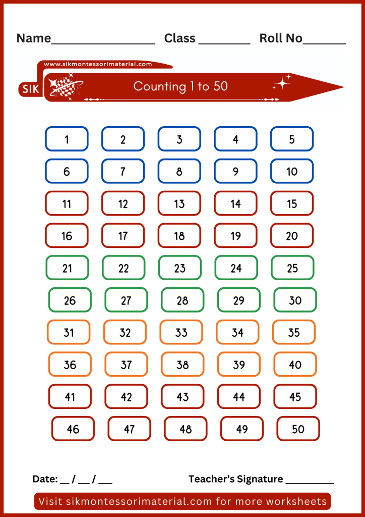 1 to 50 counting worksheet for junior Montessori