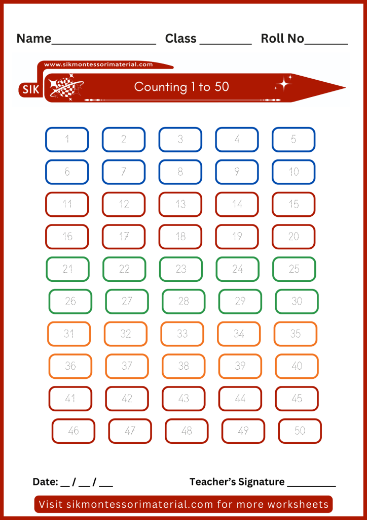 1 to 50 number tracing worksheet for junior Montessori