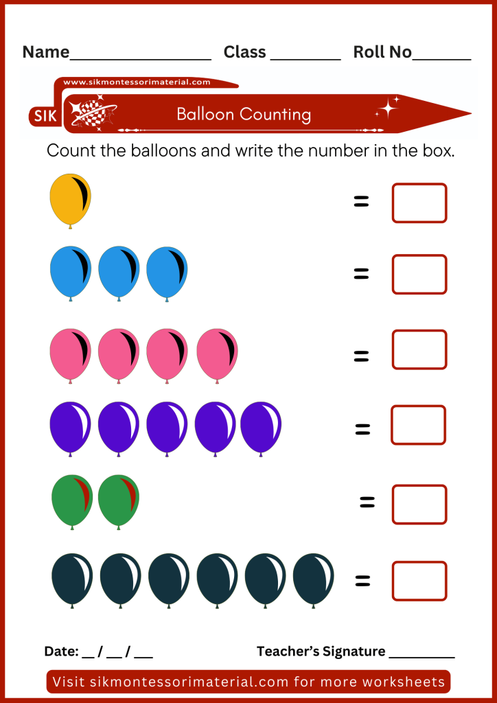 Count the balloons and write answer in the box worksheet