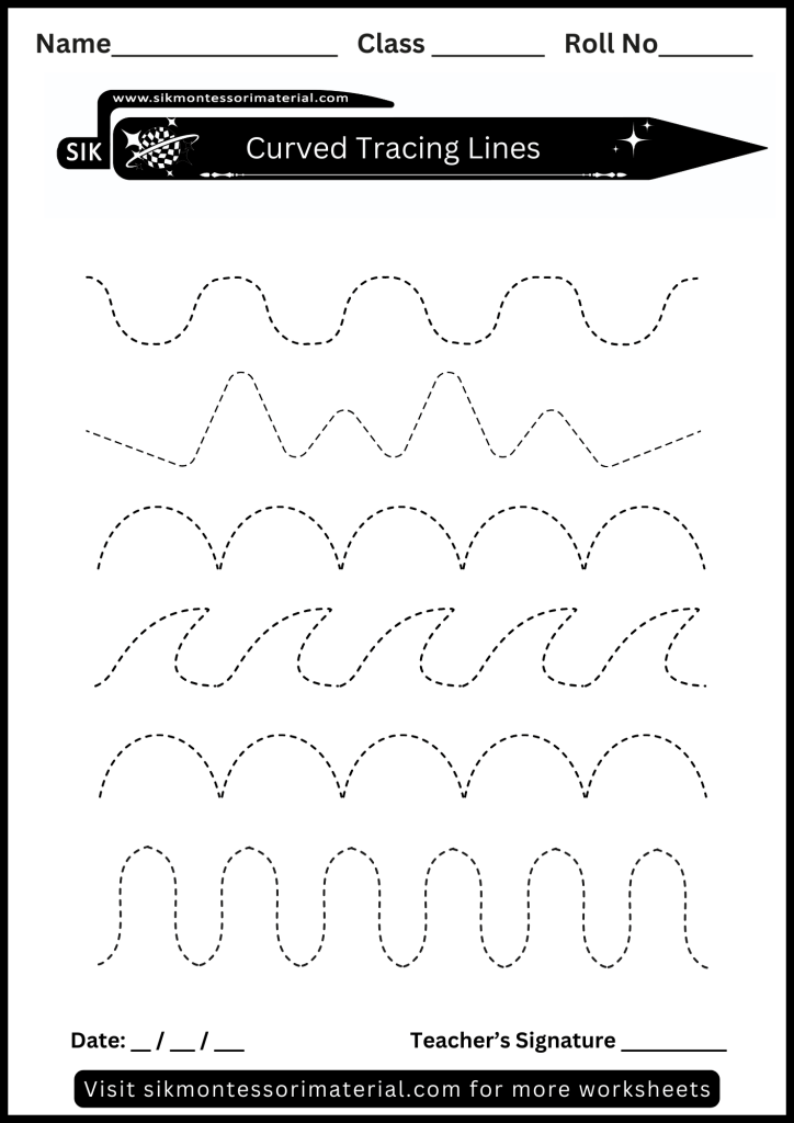 Curved line tracing worksheets for junior Montessori