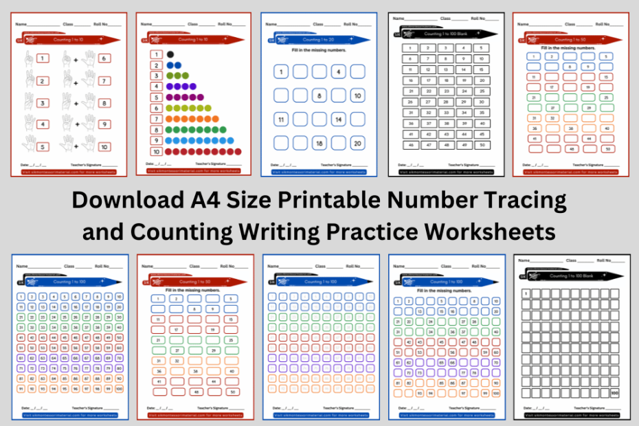 Download A4 Size Printable Number Tracing and Counting Writing Practice Worksheets