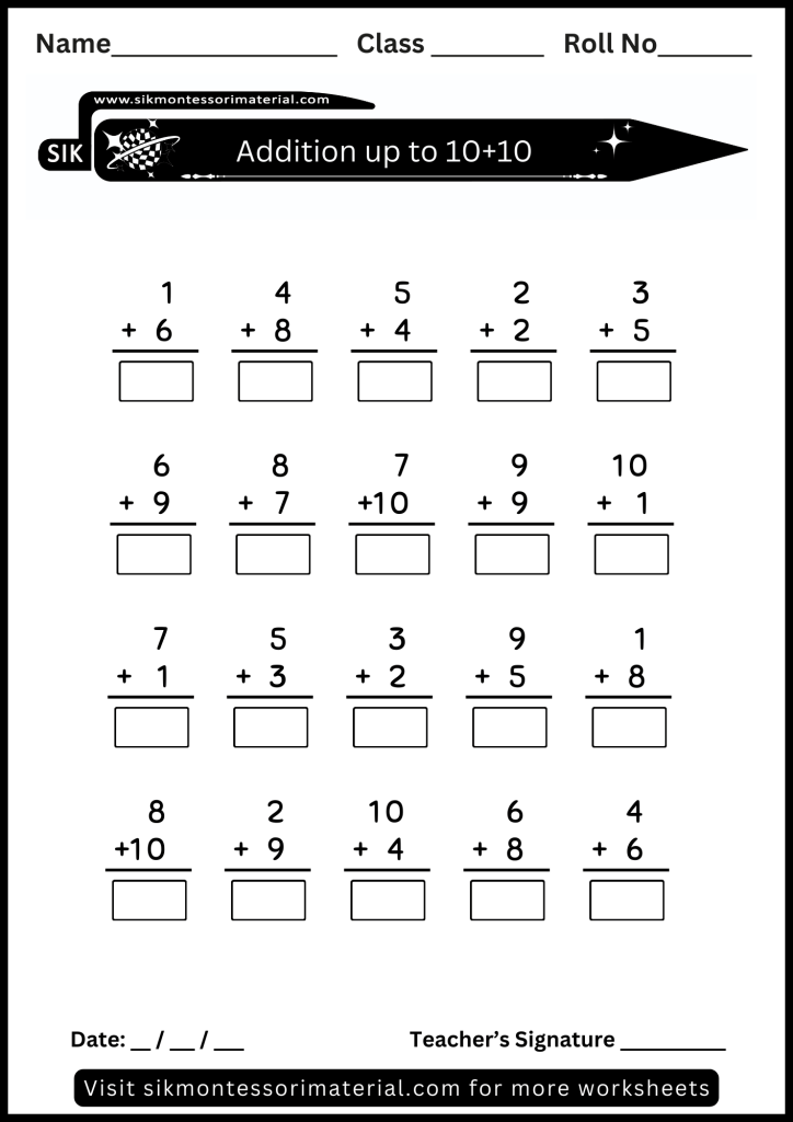 Easy Math addition worksheet up to 10 +10