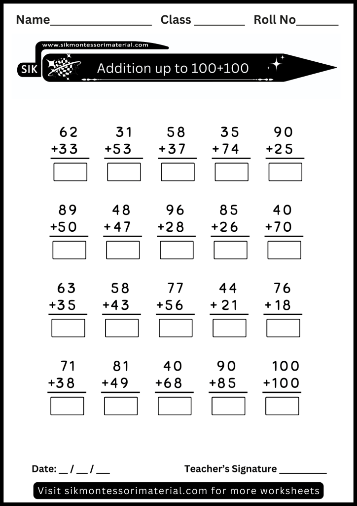 Easy Math addition worksheet up to 100 +100