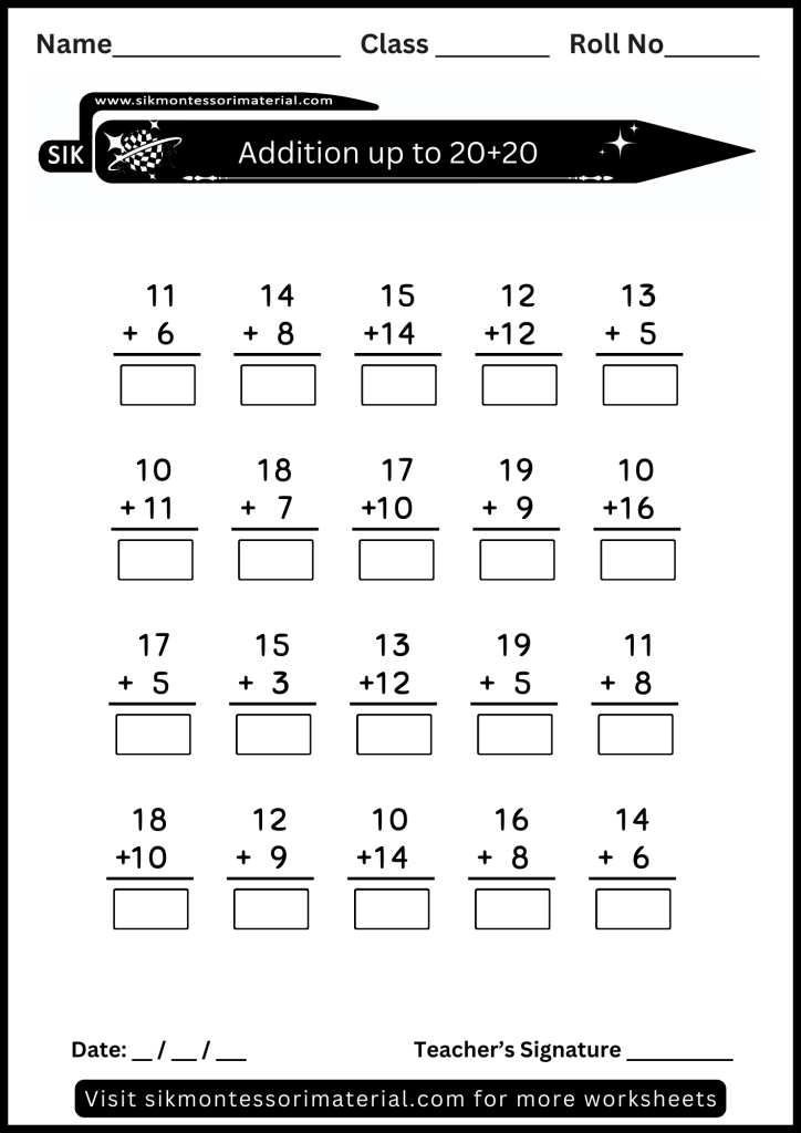 Easy Math addition worksheet up to 20 +20