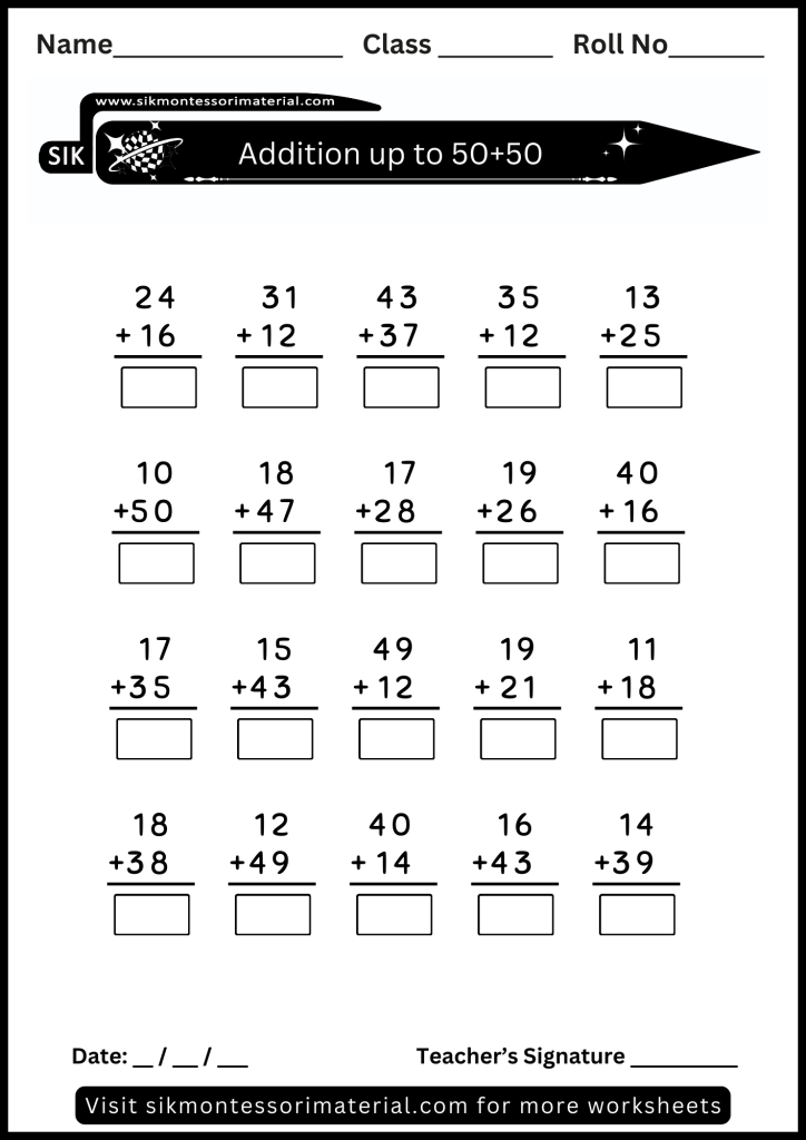 Easy Math addition worksheet up to 50 +50