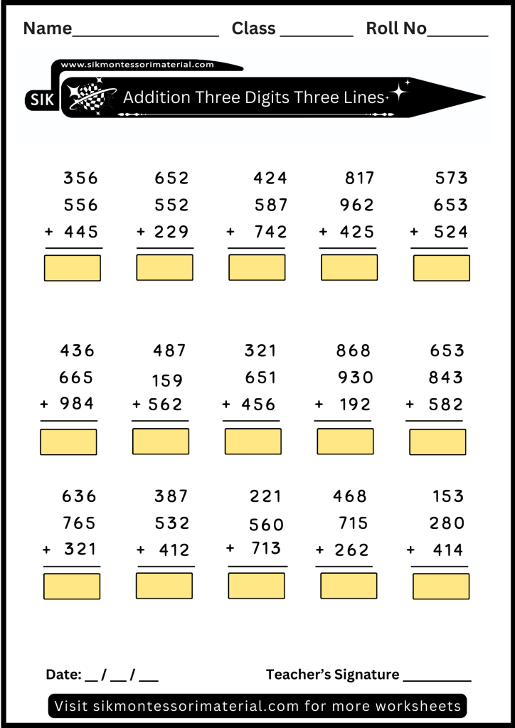 Math addition worksheet three digits three lines for advance Montessori