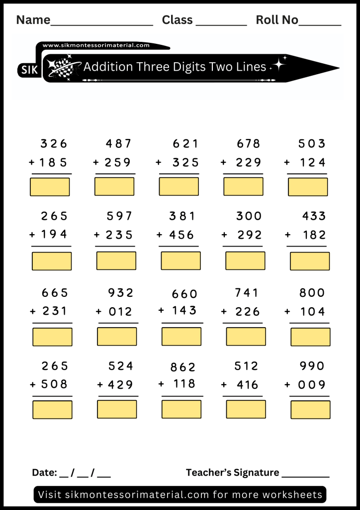 Math addition worksheet three digits two lines for advance Montessori