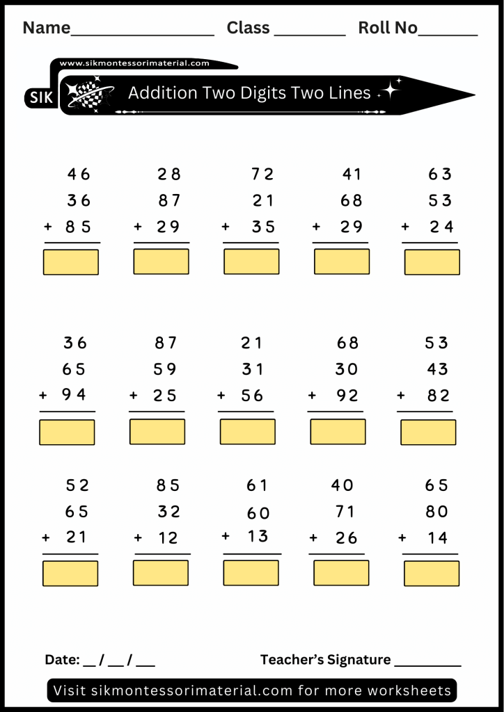 Math addition worksheet two digits three lines for advance Montessori