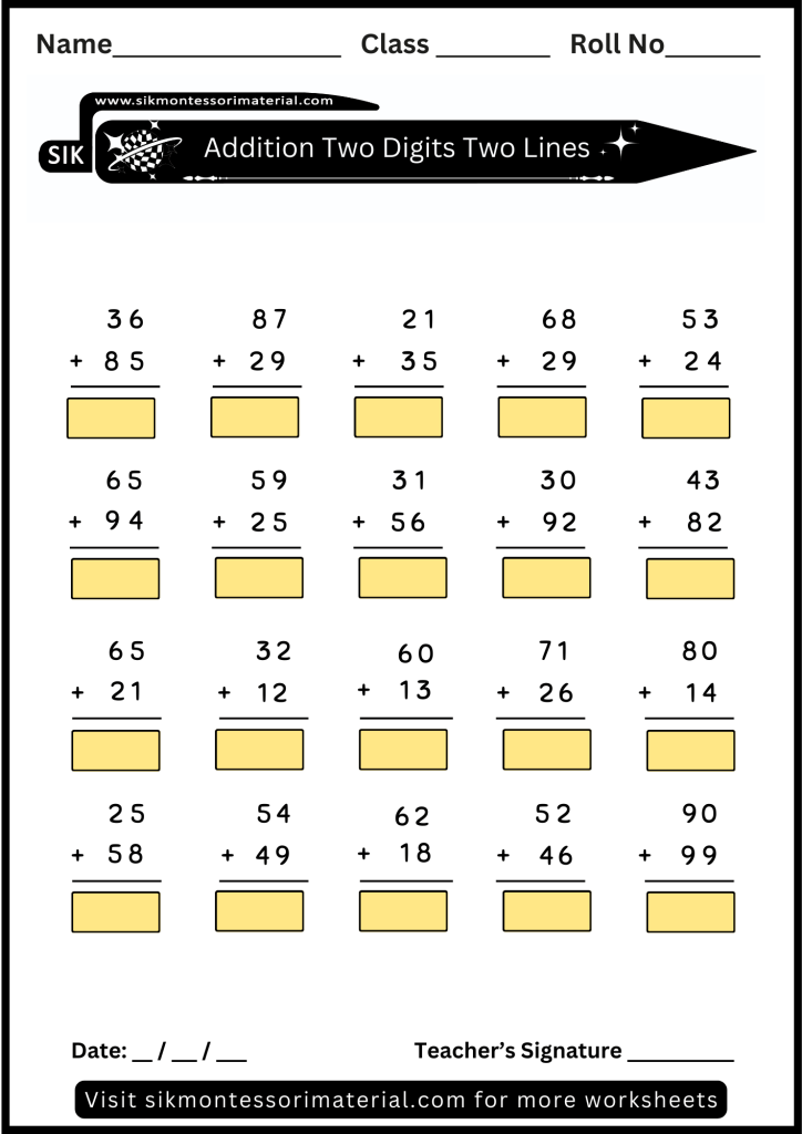 Math addition worksheet two digits two lines for advance Montessori