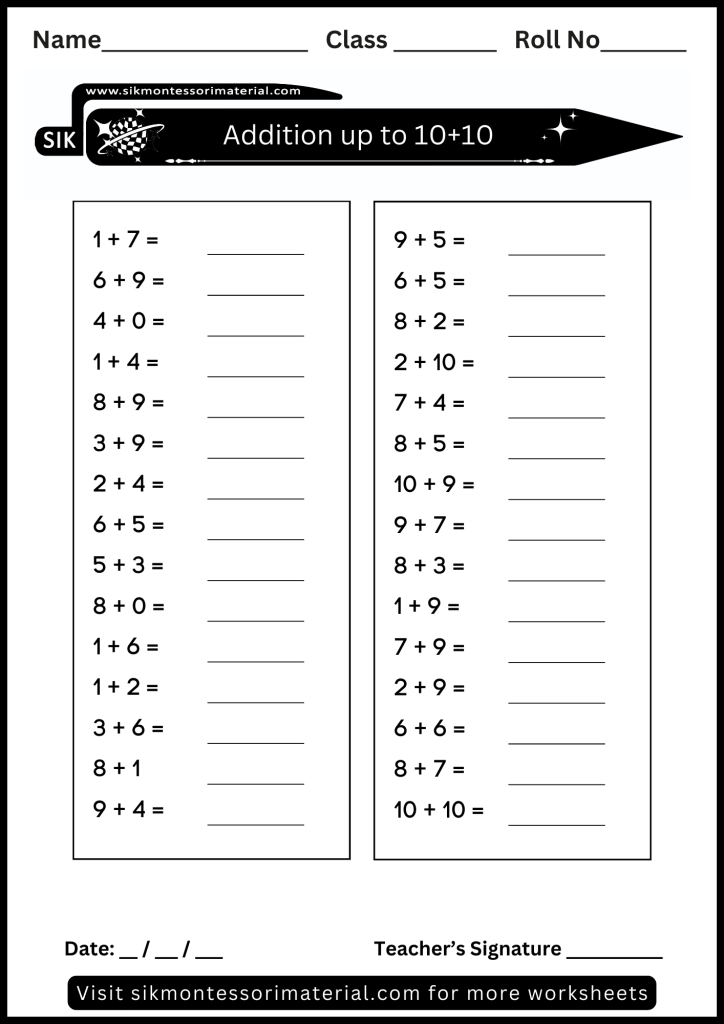 Math addition worksheet up to 10 +10