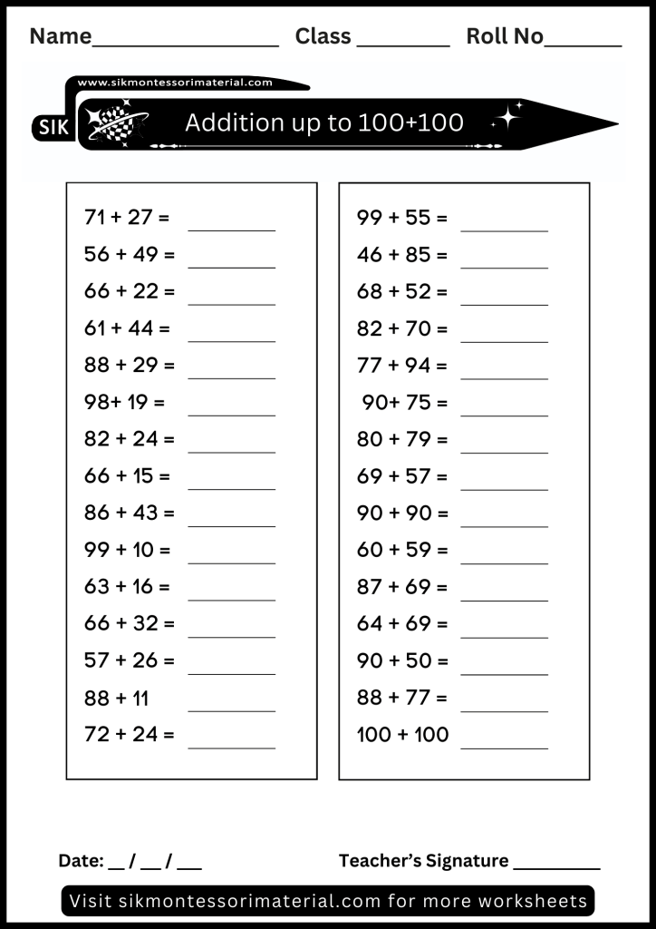 Math addition worksheet up to 100 +100