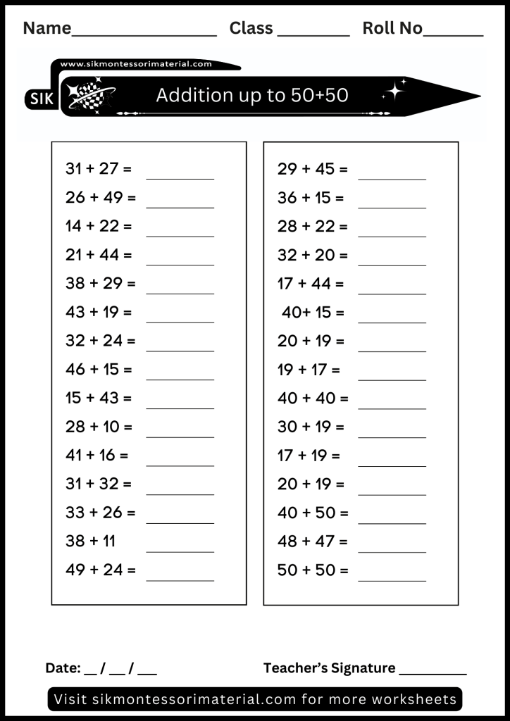 Math addition worksheet up to 50 +50