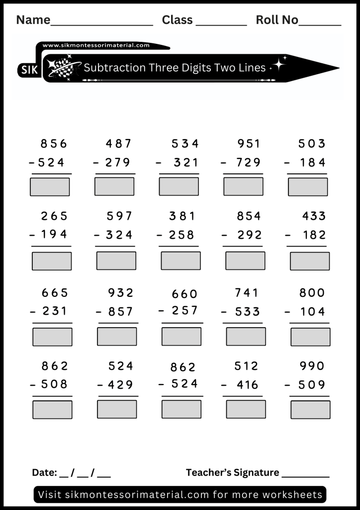 Math subtraction worksheet three digits two lines for advance Montessori