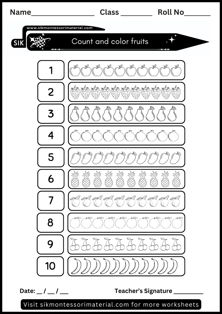 Count and color fruits worksheet