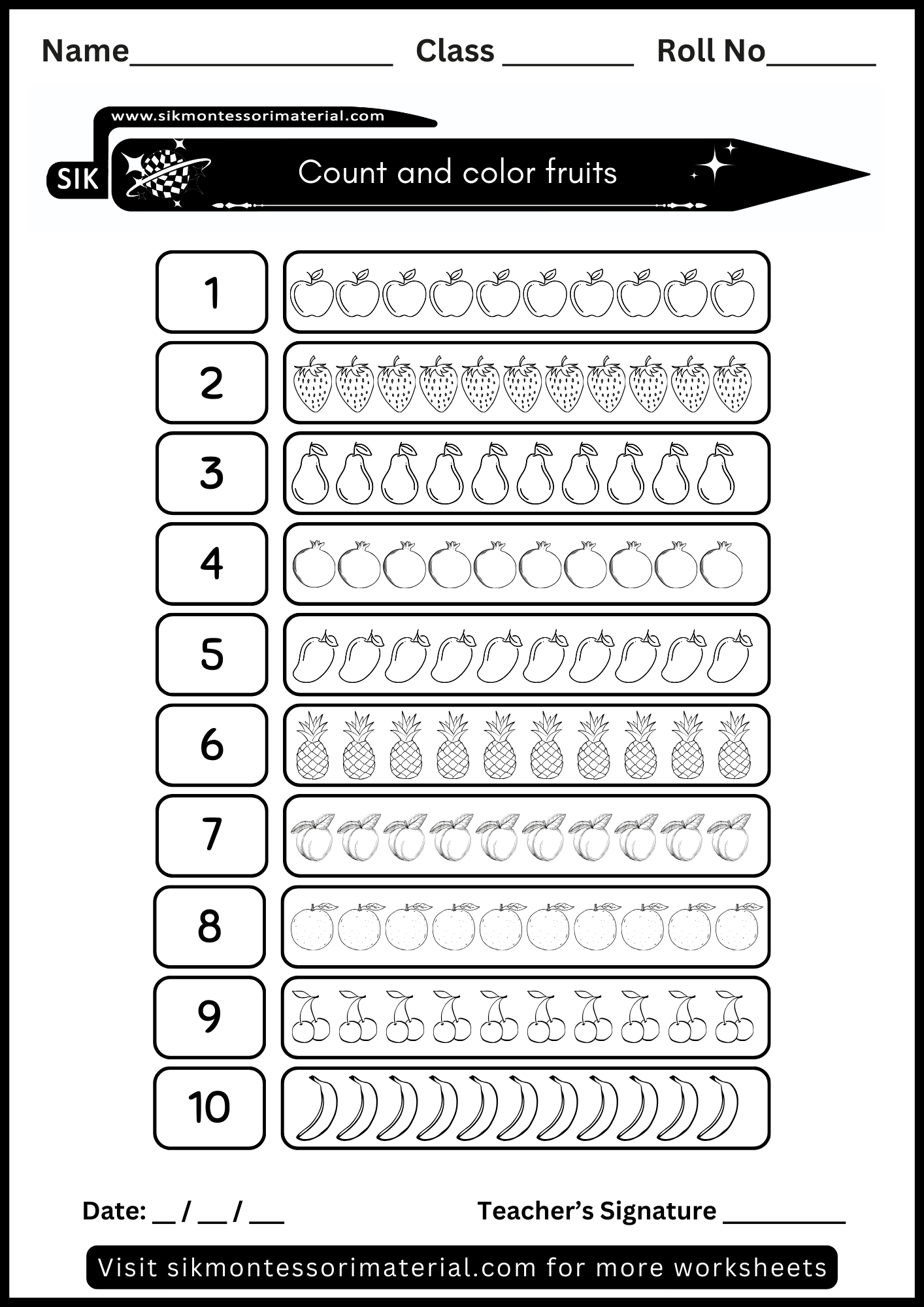 Count and Color worksheets for Junior Montessori SIK Montessori Material