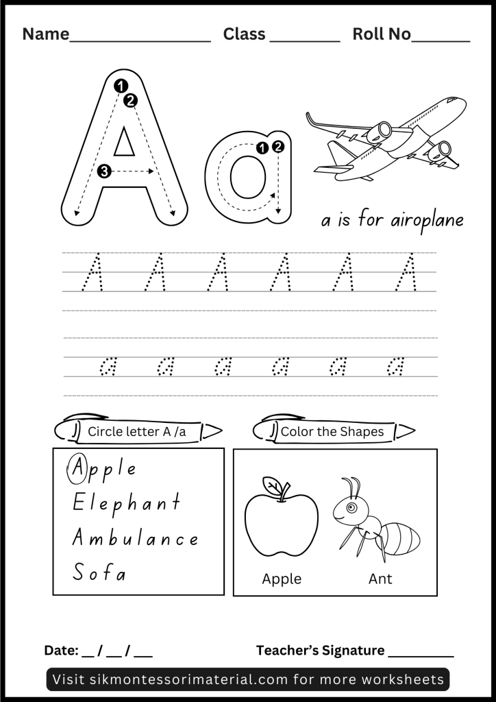 Alphabet Letter A Tracing and Recognition Worksheet for Montessori