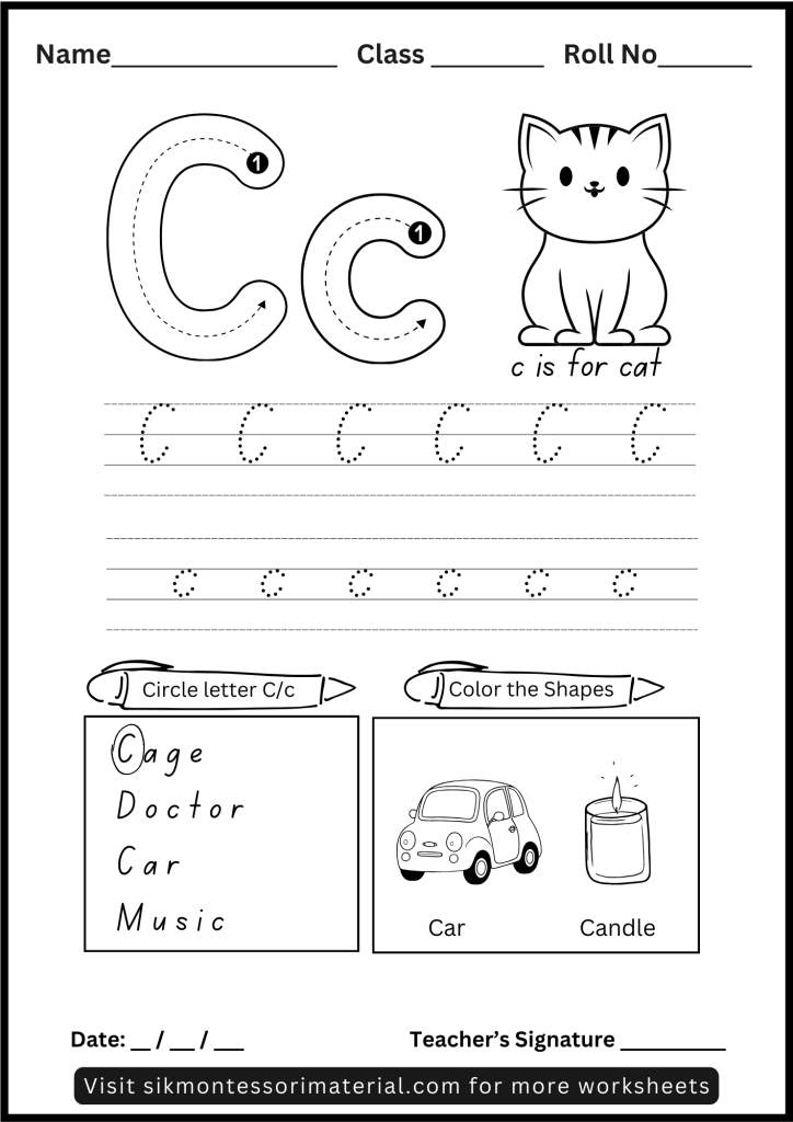 Alphabet Letter C Tracing and Recognition Worksheet for Montessori