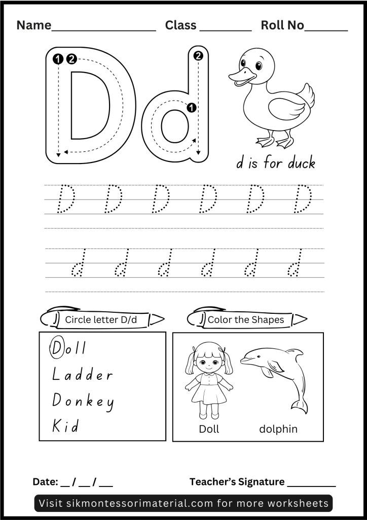 Alphabet Letter D Tracing and Recognition Worksheet for Montessori