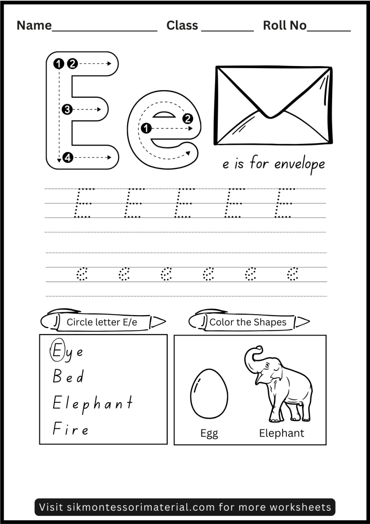 Alphabet Letter E Tracing and Recognition Worksheet for Montessori