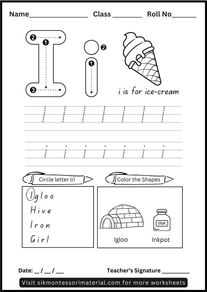 Alphabet Letter I Tracing and Recognition Worksheet for Montessori