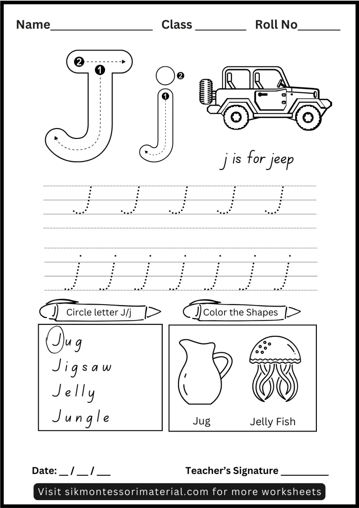 Alphabet Letter J Tracing and Recognition Worksheet for Montessori