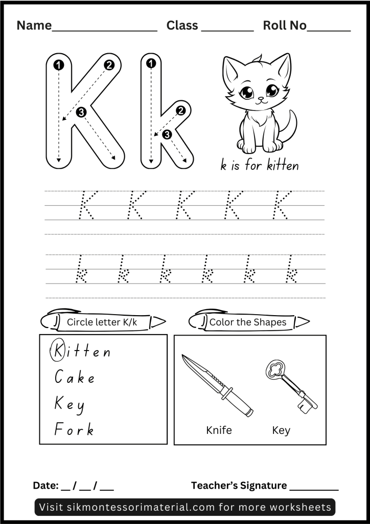 Alphabet Letter K Tracing and Recognition Worksheet for Montessori