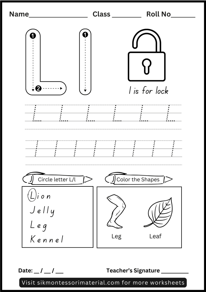 Alphabet Letter L Tracing and Recognition Worksheet for Montessori