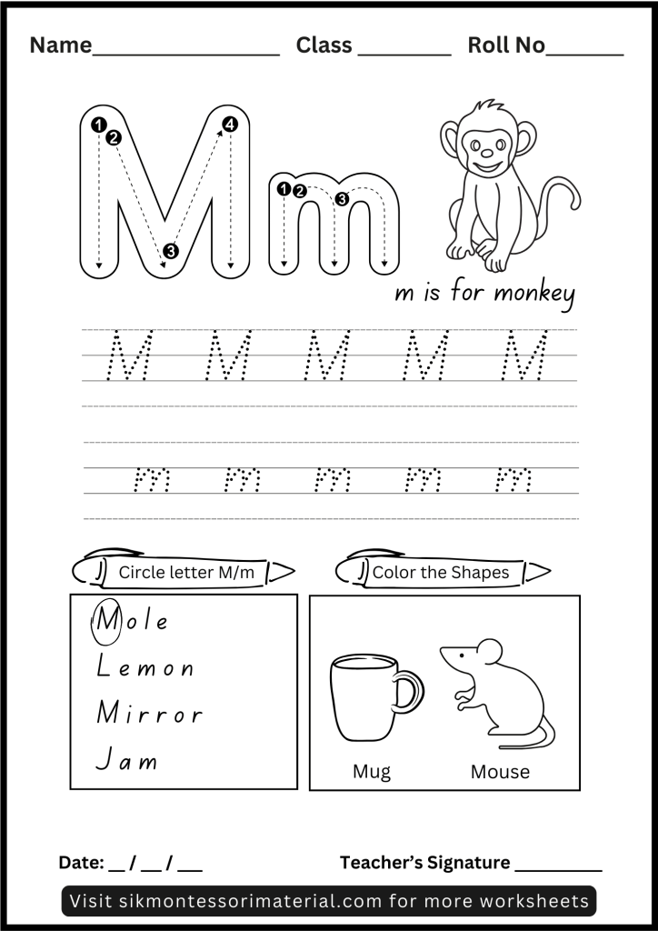 Alphabet Letter M Tracing and Recognition Worksheet for Montessori