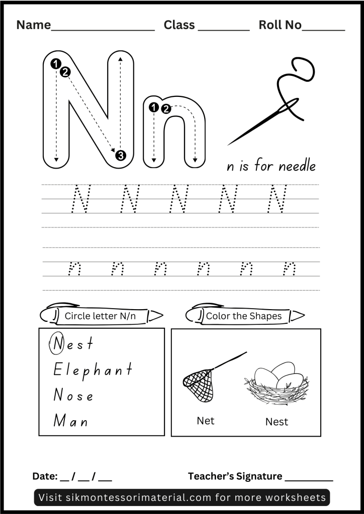 Alphabet Letter N Tracing and Recognition Worksheet for Montessori