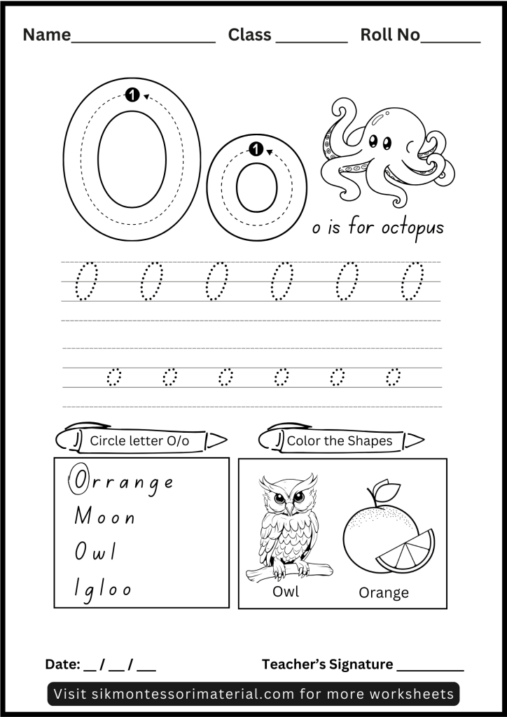 Alphabet Letter O Tracing and Recognition Worksheet for Montessori