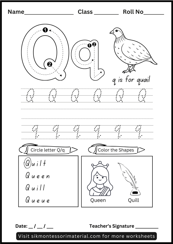 Alphabet Letter Q Tracing and Recognition Worksheet for Montessori