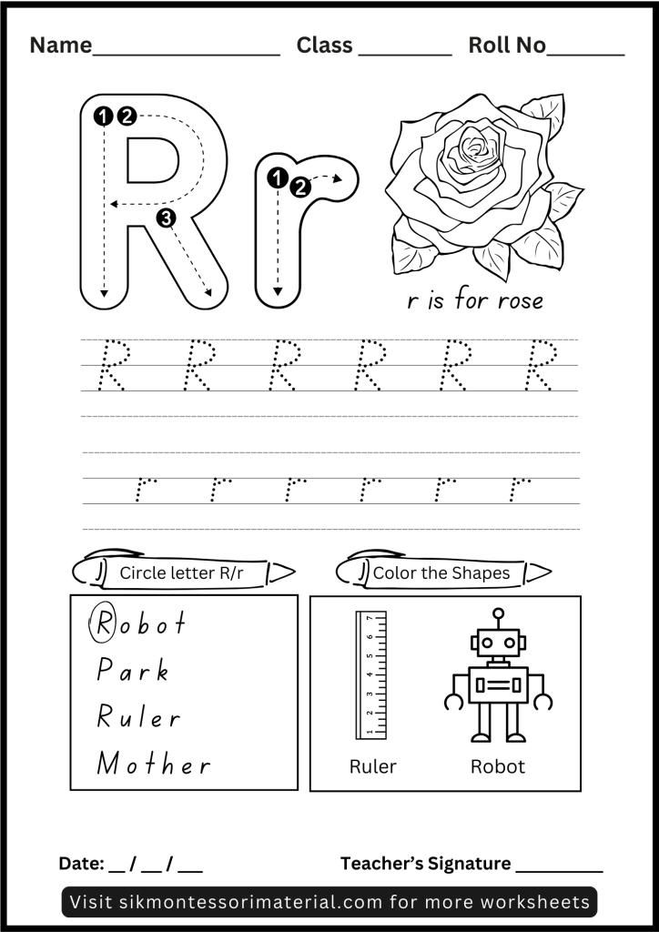 Alphabet Letter R Tracing and Recognition Worksheet for Montessori