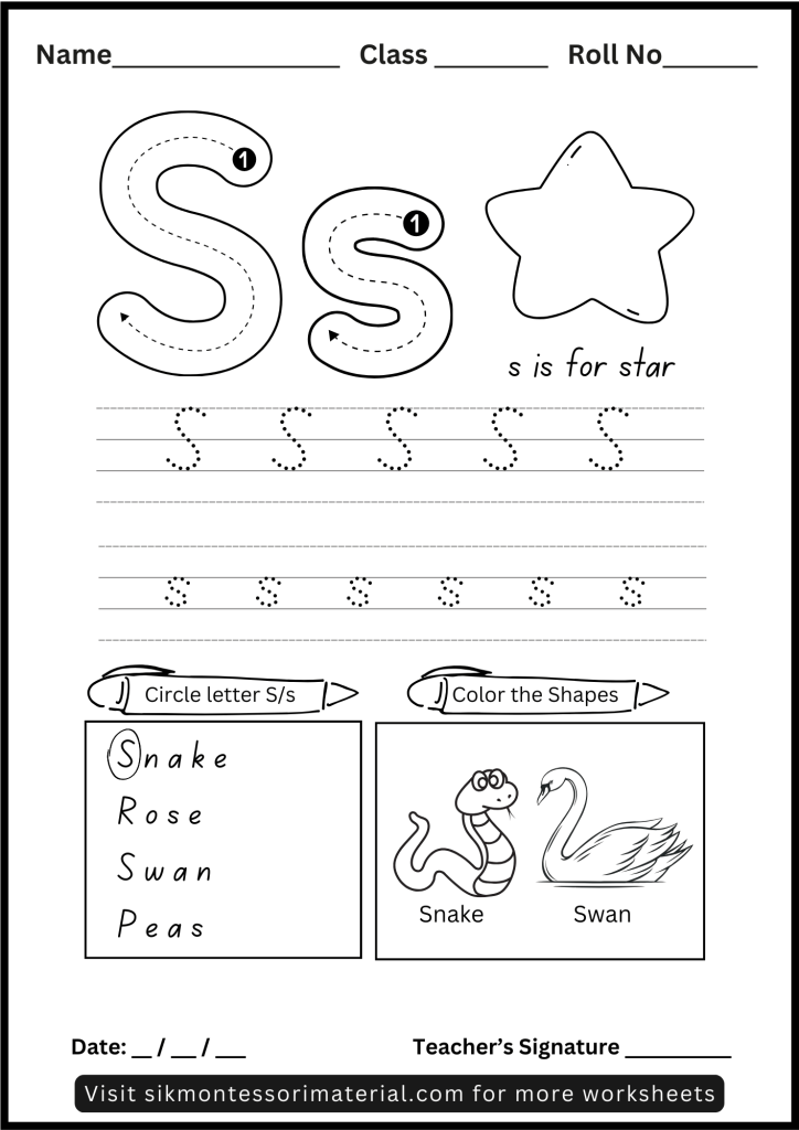 Alphabet Letter S Tracing and Recognition Worksheet for Montessori