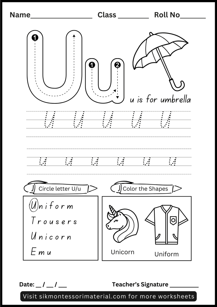 Alphabet Letter U Tracing and Recognition Worksheet for Montessori