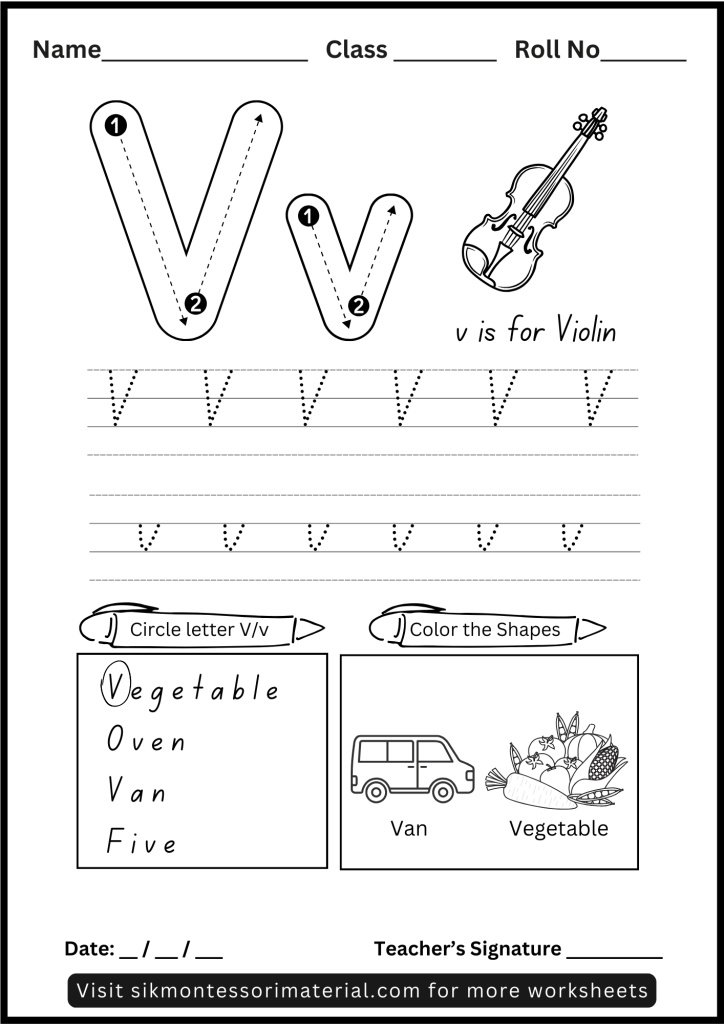 Alphabet Letter V Tracing and Recognition Worksheet for Montessori