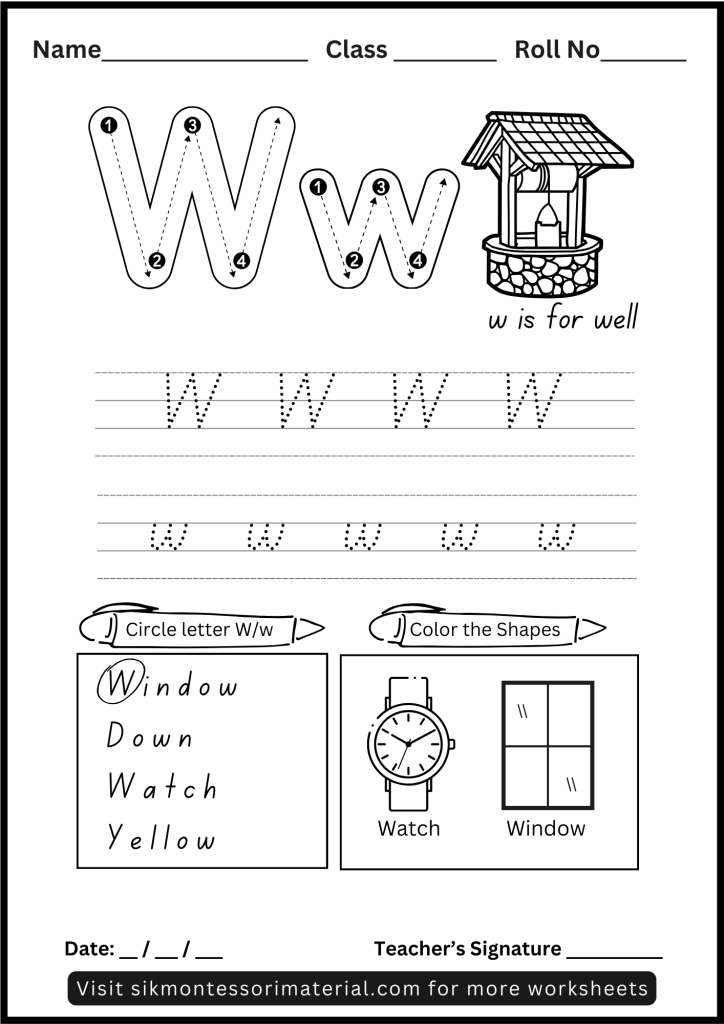 Alphabet Letter W Tracing and Recognition Worksheet for Montessori