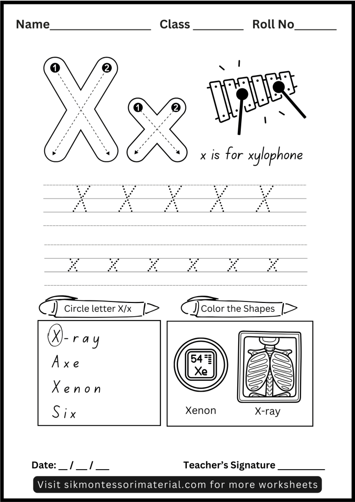 Alphabet Letter X Tracing and Recognition Worksheet for Montessori