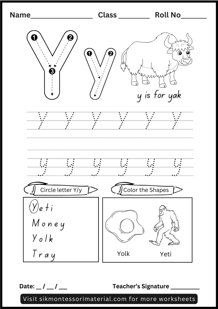 Alphabet Letter Y Tracing and Recognition Worksheet for Montessori